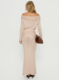 back view of model wearing Princess Polly Devion Foldover Waist Maxi Skirt Beige Maxi Skirts 