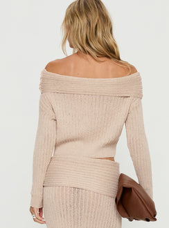 back view of model wearing Princess Polly Devion Foldover Knit Sweater Beige cropped 