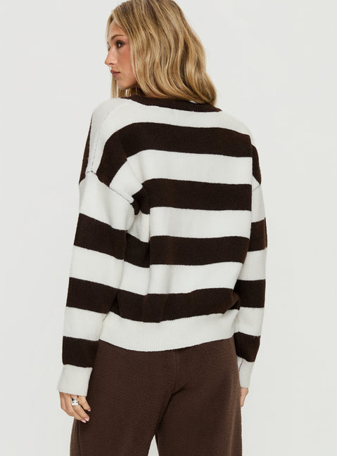 back view of model wearing Princess Polly Corlie Crew Neck Knit Sweater Brown Stripe Cropped Jumpers 