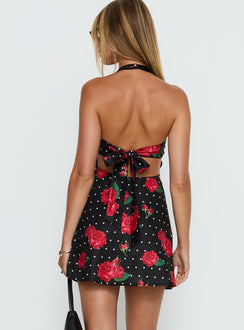 Rosamie Halter Mini Dress Black Polka Floral