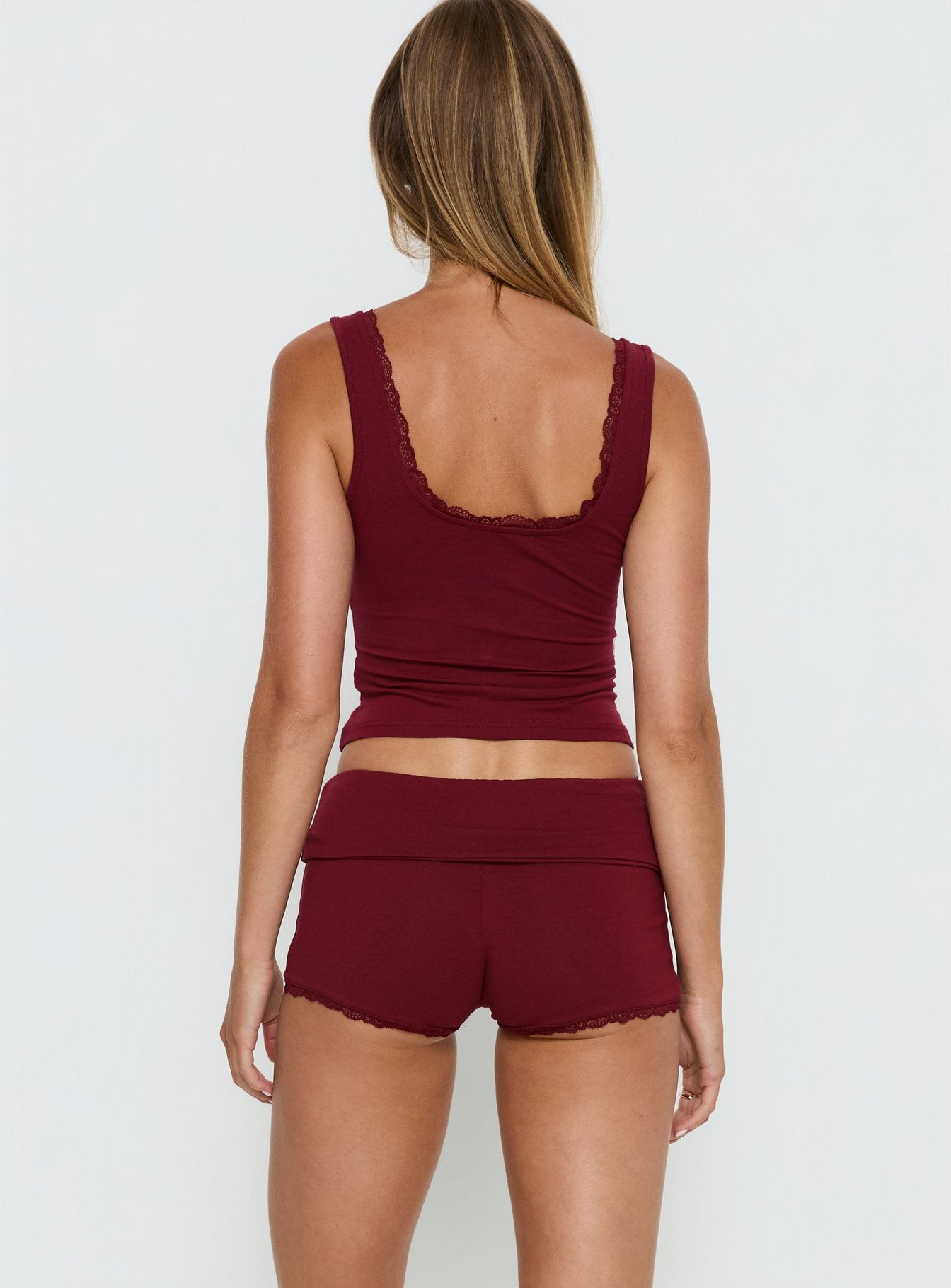 Serae Lace Trim Foldover Micro Shorts Cherry