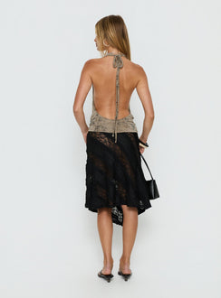 back view of model wearing Princess Polly Constancia Asymmetrical Sheer Midi Skirt Black Midi Skirts 