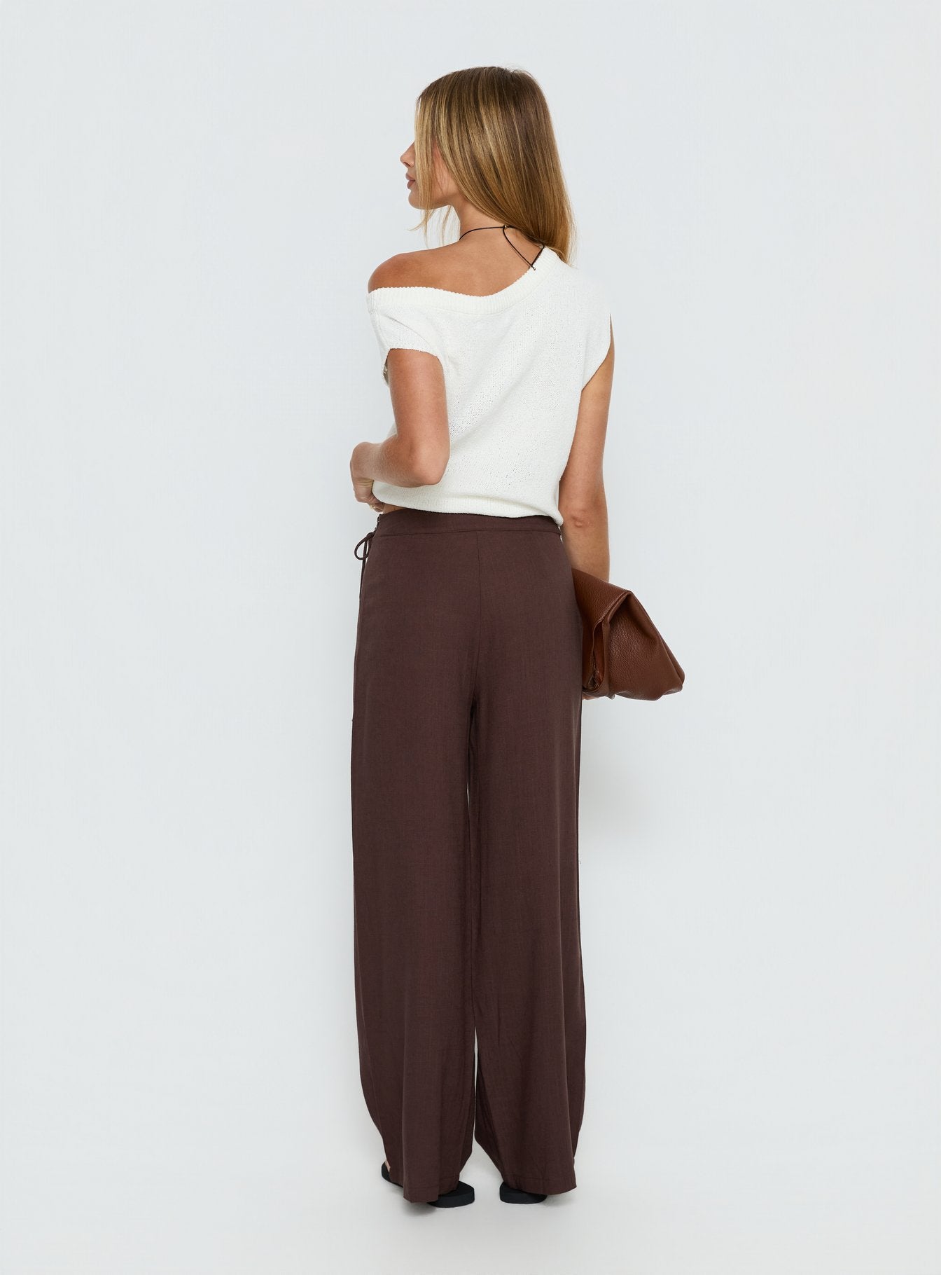 back view of model wearing Princess Polly Pine For You Bead Detail Linen Pant Brown High Rise Pants 