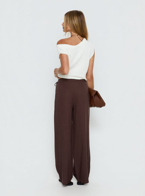 back view of model wearing Princess Polly Pine For You Bead Detail Linen Pant Brown High Rise Pants 
