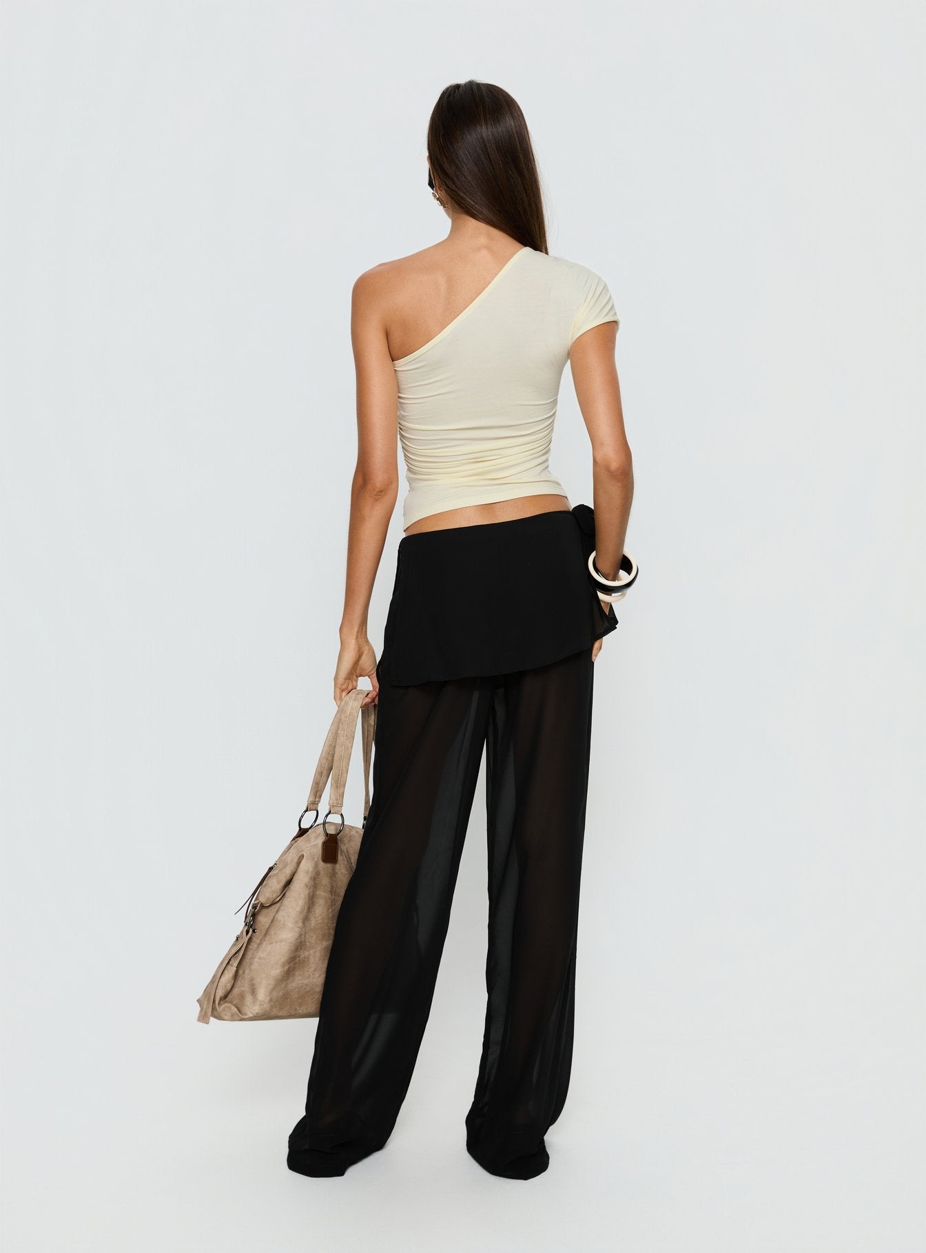 back view of model wearing Princess Polly Jaedon Chiffon Layered Pants Black Mid Rise Pants 