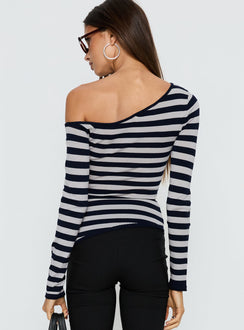 Kastor One Shoulder Long Sleeve Top Navy / Grey Stripe