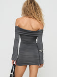 back view of model wearing Princess Polly Hernan Off The Shoulder Mini Dress Grey Straight Neck 