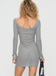 Long sleeve mini dress Scooped neckline, flared sleeves, slim fit Good stretch, unlined, sheer
