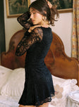 side view of model wearing Princess Polly Airabella Lace Mini Dress Black Plunger 