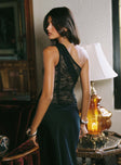 back view of model wearing Princess Polly Bourgeois One Shoulder Lace Top Black Sleeveless Asymmetric Neckline 