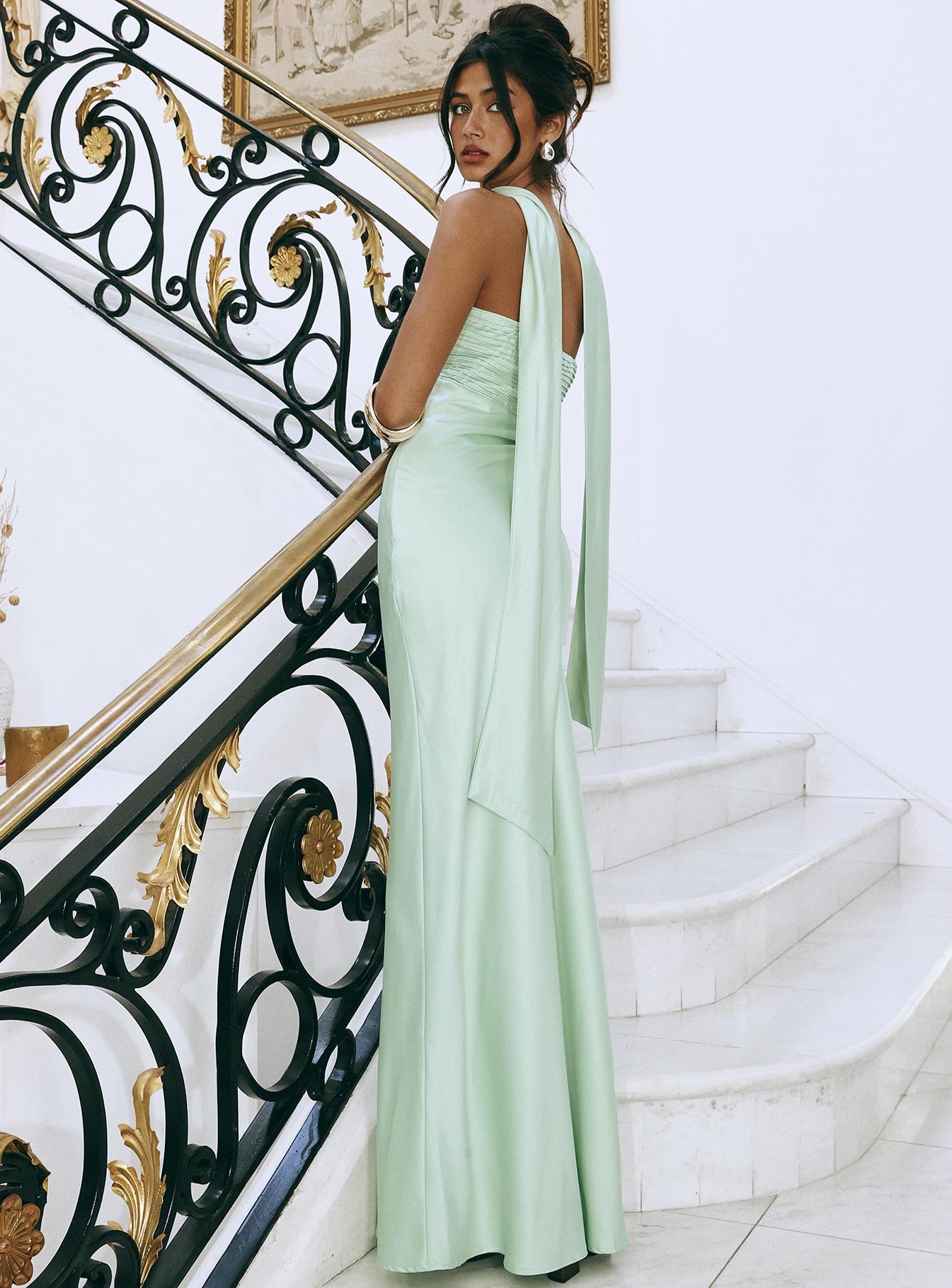 back view of model wearing Princess Polly Exquisette Strapless Maxi Dress Sage Straight Neck 