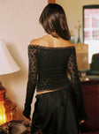 back view of model wearing Princess Polly Mochapella Off The Shoulder Top Black Full Sleeves straight 