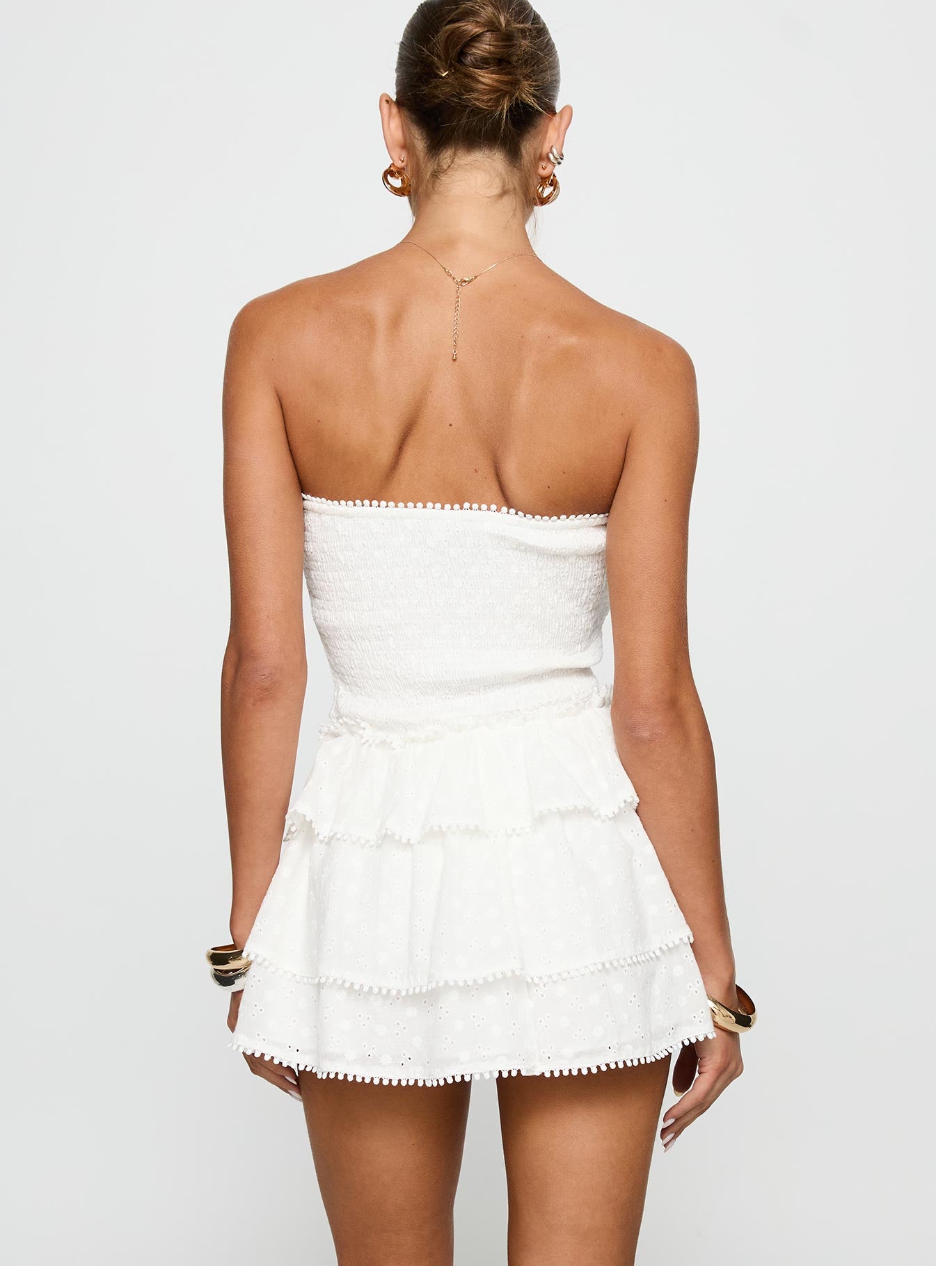 back view of model wearing Princess Polly Sunkiss Frill Mini Dress White / Broderie Straight Neck 