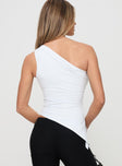 back view of model wearing Princess Polly Lunah One Shoulder Top White Sleeveless Asymmetric Neckline 