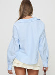 back view of model wearing Princess Polly Chips Are Down Shirt Blue Full Sleeves High Neck 