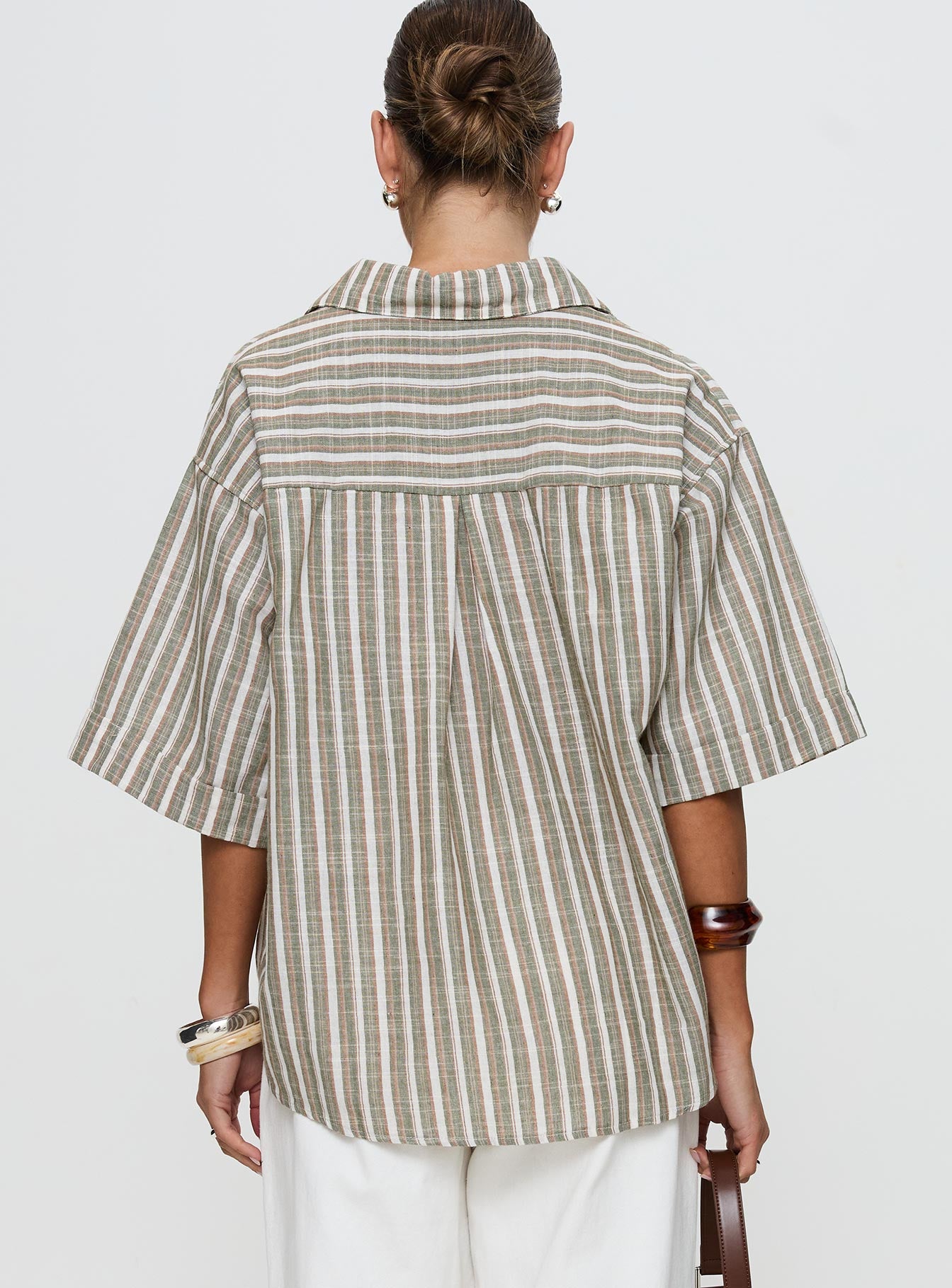 back view of model wearing Princess Polly Qualley Top Multi Half Sleeves V-Neck 