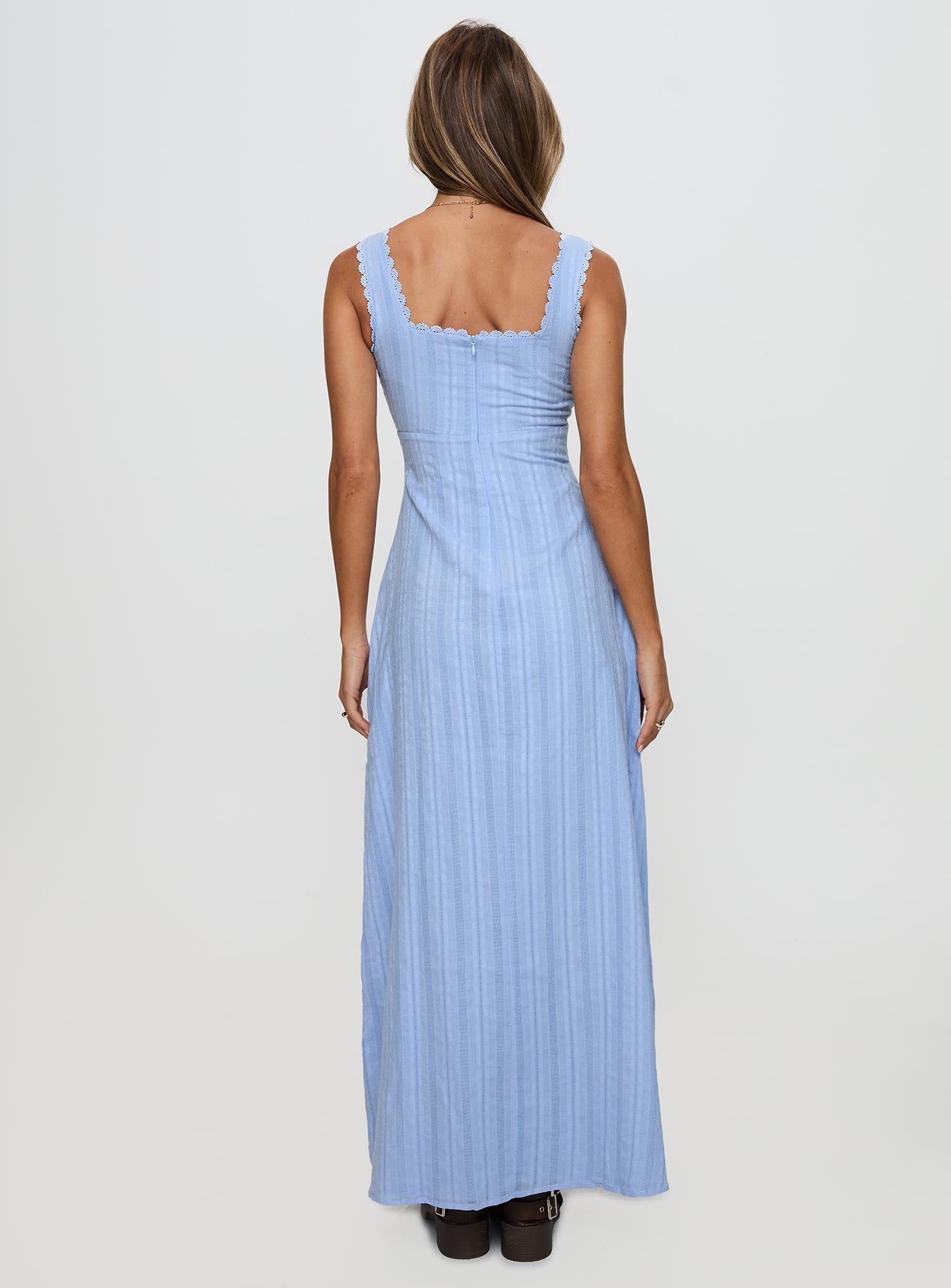 back view of model wearing Princess Polly Dasha Maxi Dress Blue Square Neck 