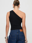 back view of model wearing Princess Polly Lunah One Shoulder Top Black Sleeveless Asymmetric Neckline 