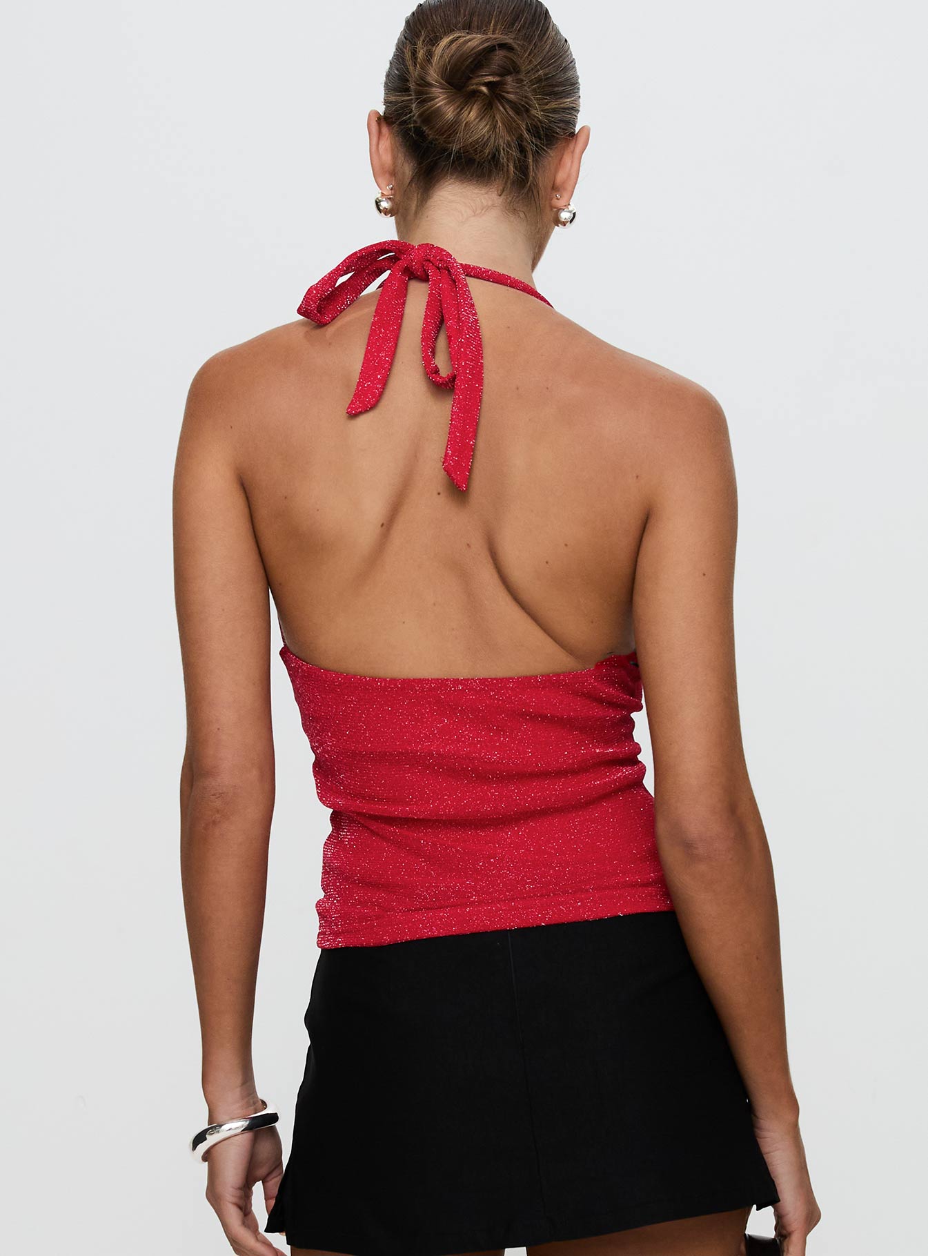 back view of model wearing Princess Polly Allende Halter Top Red Sleeveless Scoop Neck 
