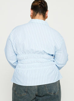 back view of model wearing Princess Polly Liesel Shirred Long Sleeve Top Stripe Curve Full Sleeves V-Neck 