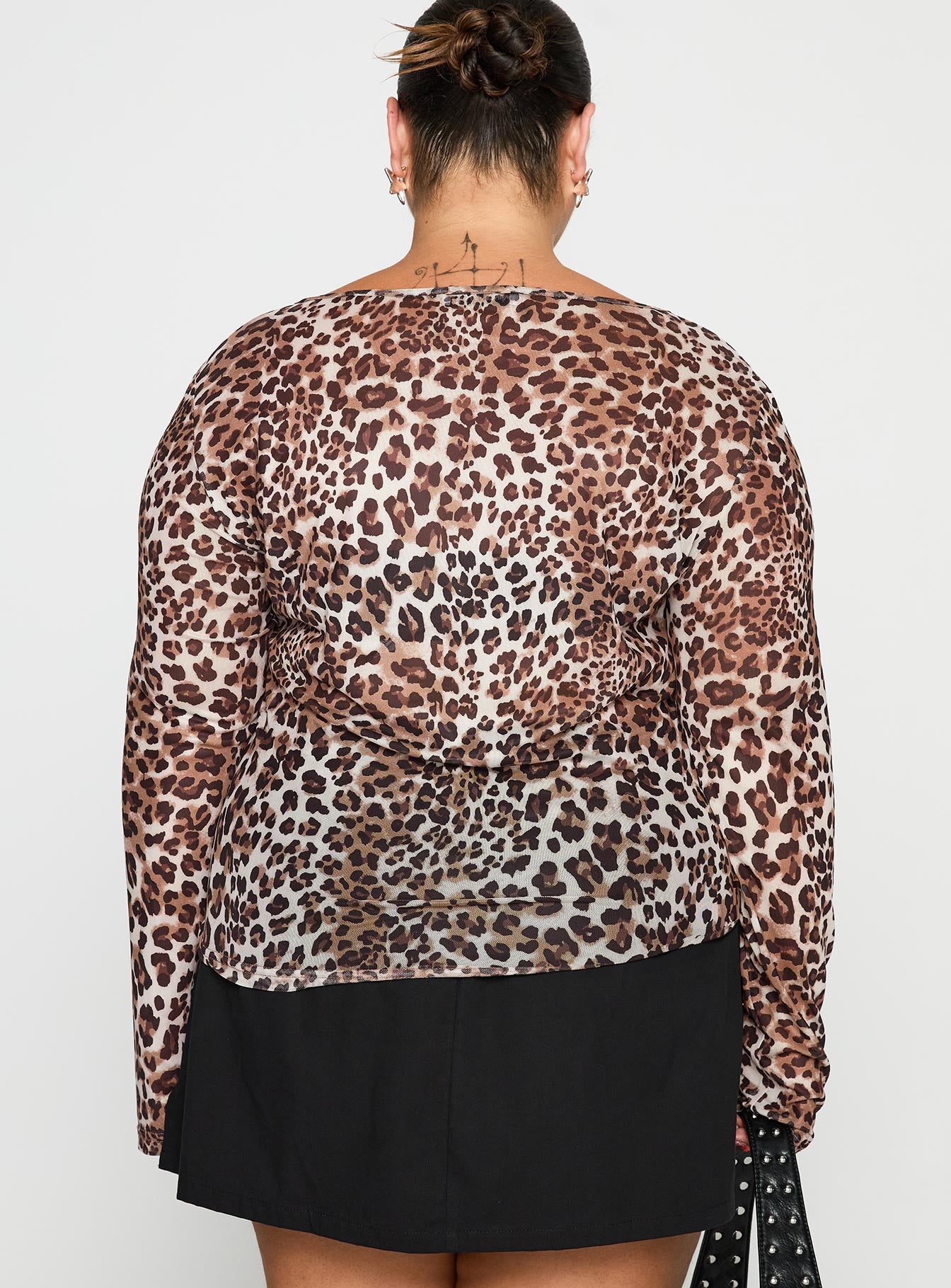 back view of model wearing Princess Polly Believe Me Long Sleeve Top Leopard Curve Full Sleeves Boat Neck 