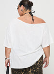 back view of model wearing Princess Polly Kippa Off The Shoulder Tee White Curve Half Sleeves Asymmetric Neckline 