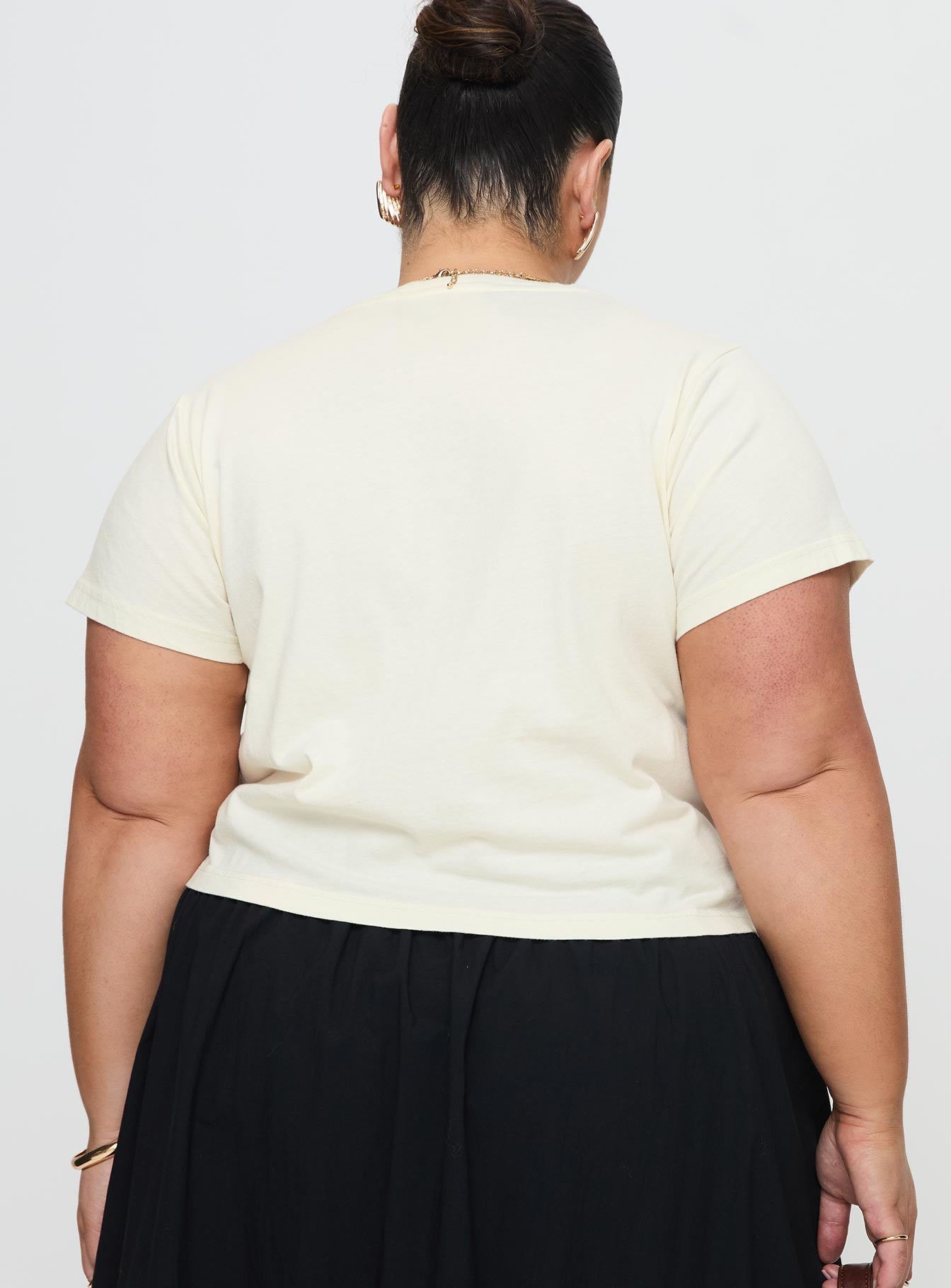 back view of model wearing Princess Polly Cherry Cocktails Tee Cream Curve Short Sleeves Crew Neck 