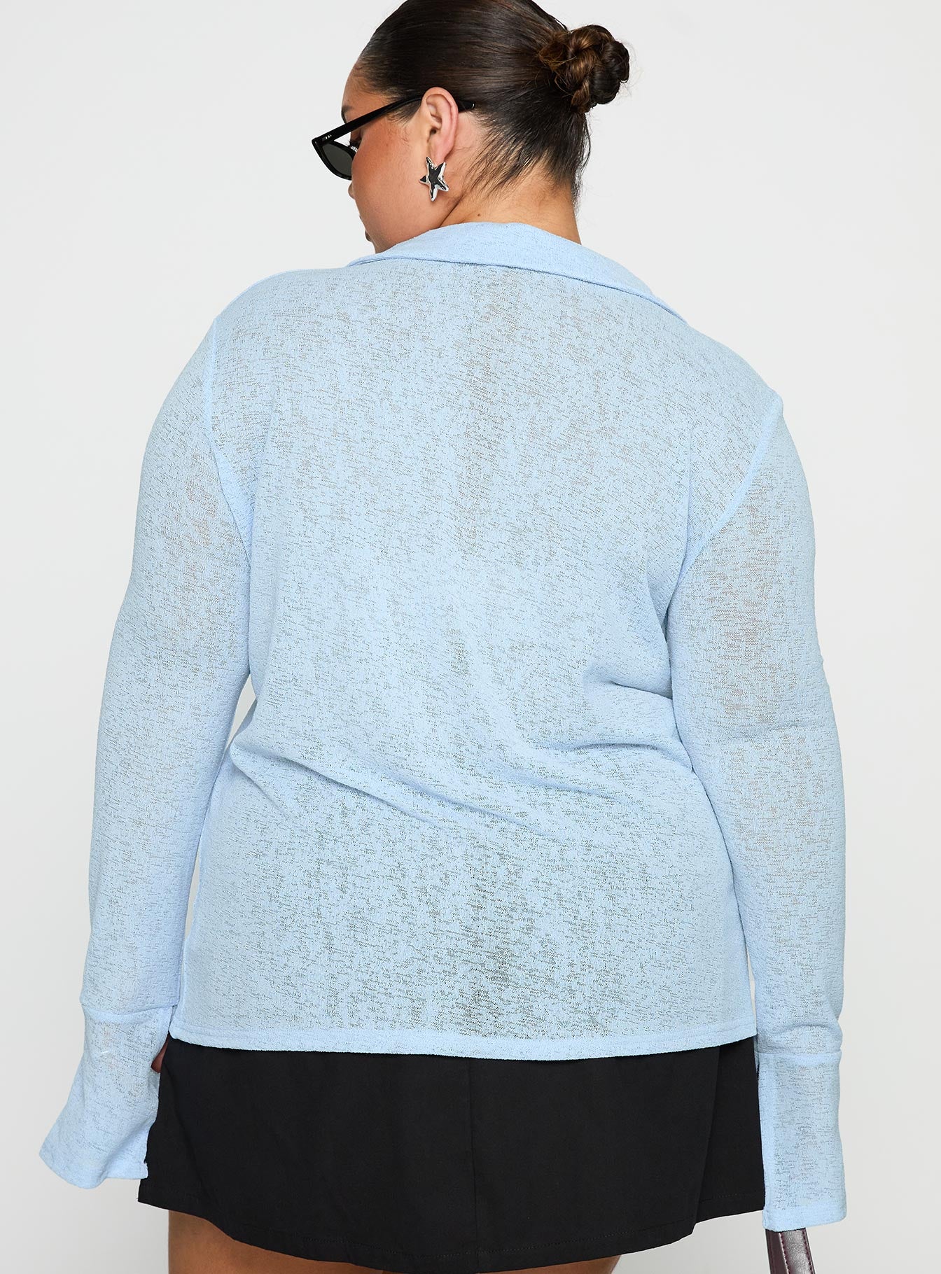 back view of model wearing Princess Polly Finnean Long Sleeve Top Pale Blue Curve Full Sleeves V-Neck 