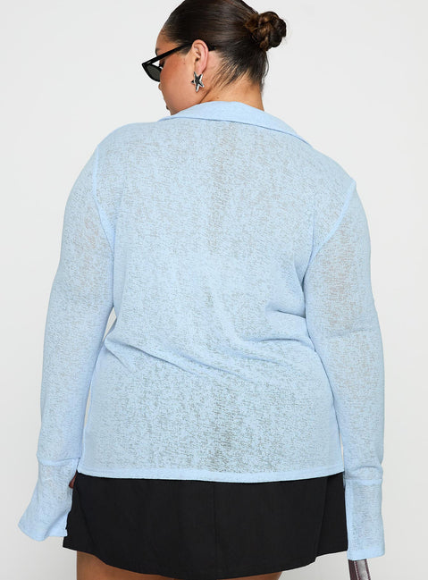 back view of model wearing Princess Polly Finnean Long Sleeve Top Pale Blue Curve Full Sleeves V-Neck 