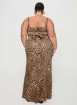 back view of model wearing Princess Polly Sanctuary Maxi Dress Leopard Curve Plunger 