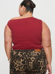 back view of model wearing Princess Polly Danza Top Red Curve Short Sleeves Asymmetric Neckline 