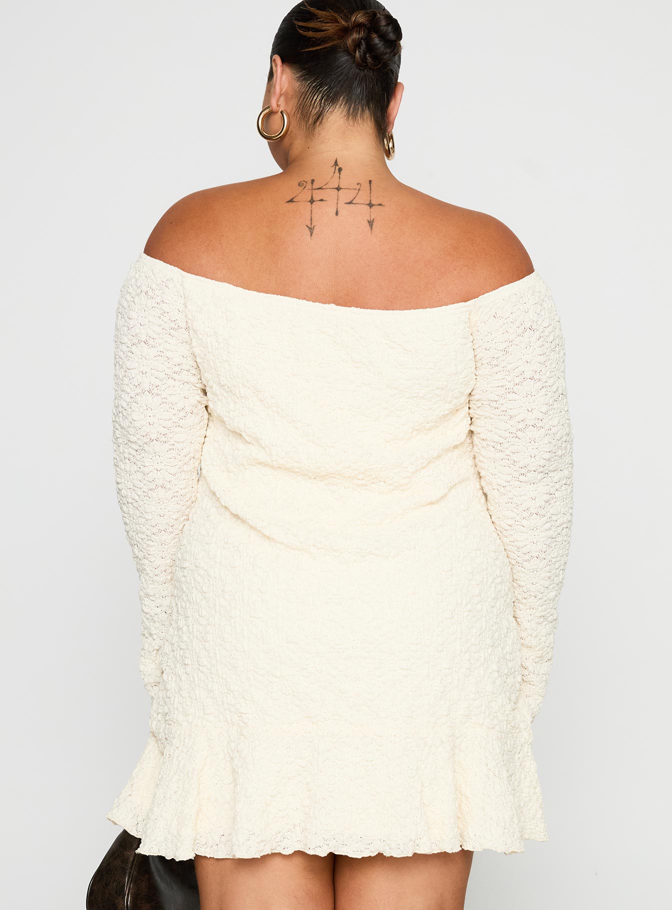 back view of model wearing Princess Polly Vancesca Strapless Mini Dress Cream Curve Straight Neck 