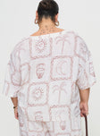 back view of model wearing Princess Polly Sun Dream Shirt Cream / Multi Curve Three Fourth Sleeves Plunger 