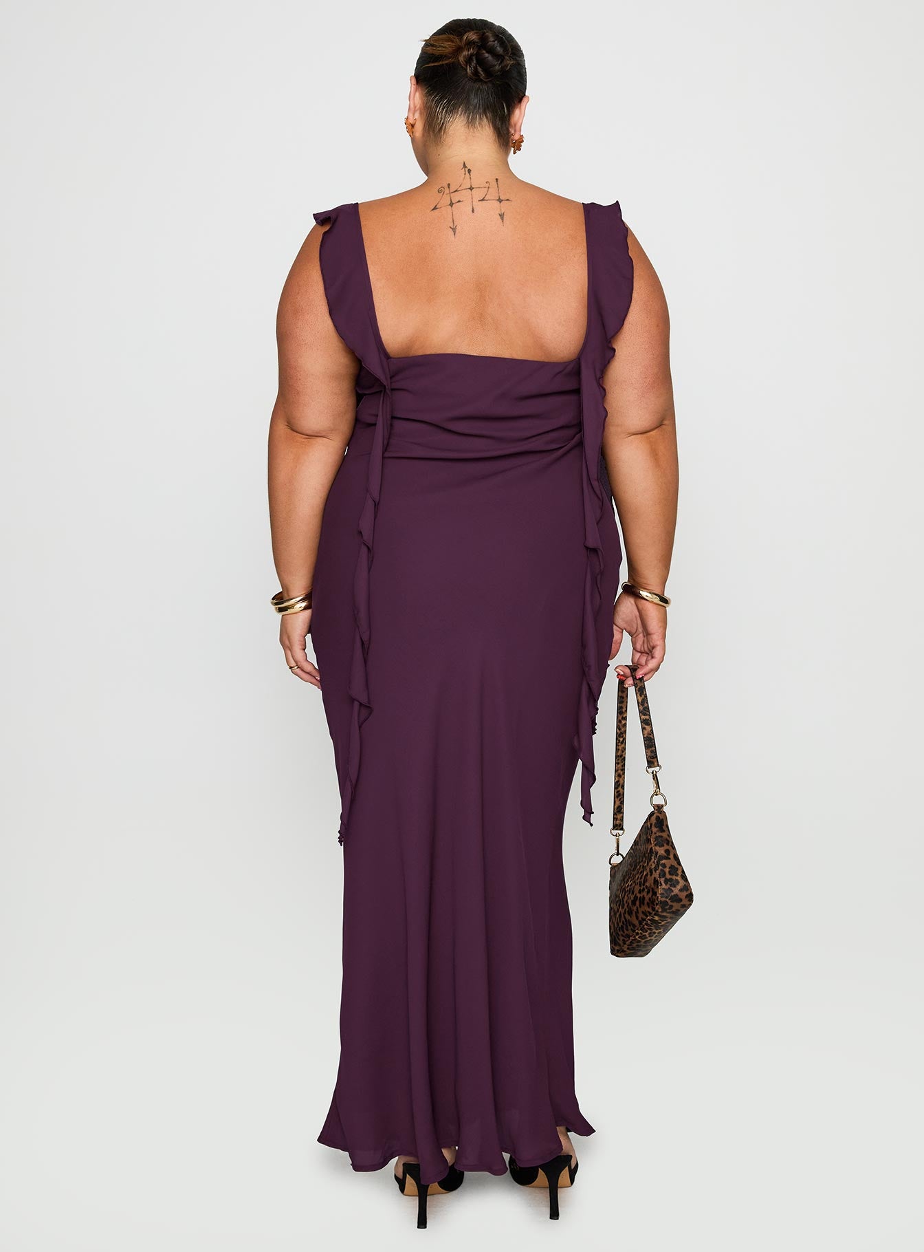 back view of model wearing Princess Polly Lanai Maxi Dress Plum Curve Square Neck 