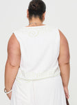 back view of model wearing Princess Polly Kindred Tie Top White / Green Curve Sleeveless Plunger 