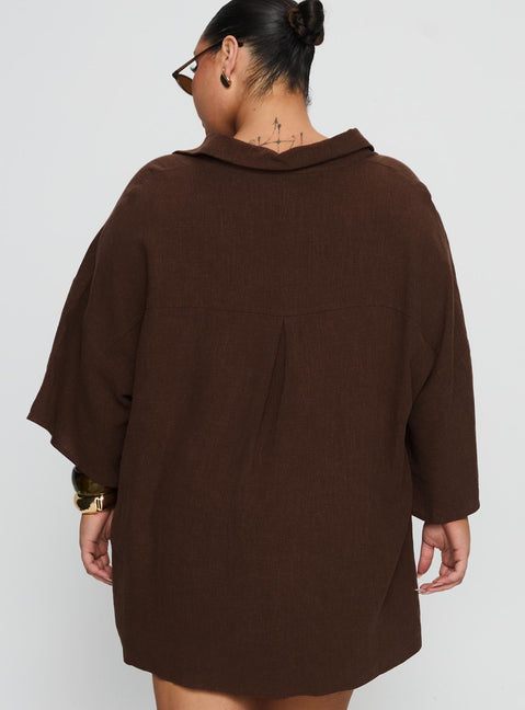 Peni Linen Button Down Top Chocolate Curve