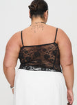 back view of model wearing Princess Polly Kerr Lace Top Black Curve Sleeveless Sweetheart 