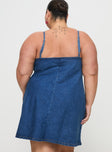 back view of model wearing Princess Polly Arwen Denim Mini Dress Blue Curve Plunger 