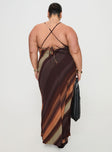 back view of model wearing Princess Polly Otillie Maxi Dress Brown Multi Curve Scoop Neck 