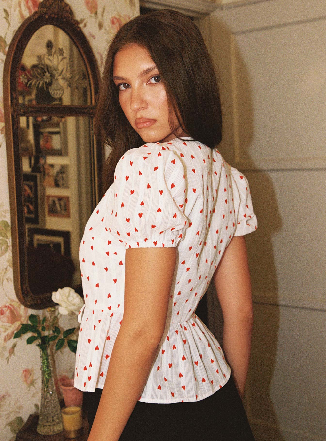 back view of model wearing Princess Polly Lucky In Love Bow Tie Top White / Red Short Sleeves Crew Neck 