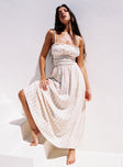 front view of model wearing Princess Polly Persephone Shirring Linen Maxi Dress Pink Stripe Square Neck 