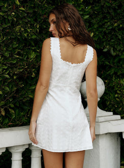 back view of model wearing Princess Polly Dasha Broderie Mini Dress White Square Neck 
