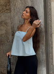 side view of model wearing Princess Polly Trapeze Strapless Top Blue Sleeveless Square Neck 