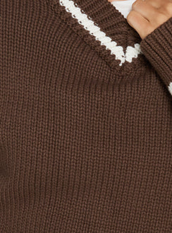 Myrandah V Neck Long SLeeve Knit Jumper Chocolate Stripe