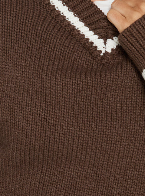 Myrandah V Neck Long SLeeve Knit Jumper Chocolate Stripe