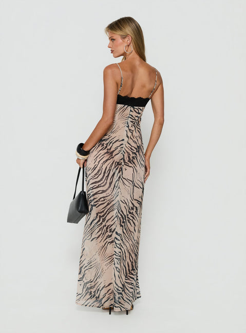 Kirstena Chiffon Lace Maxi Dress Animal Splice
