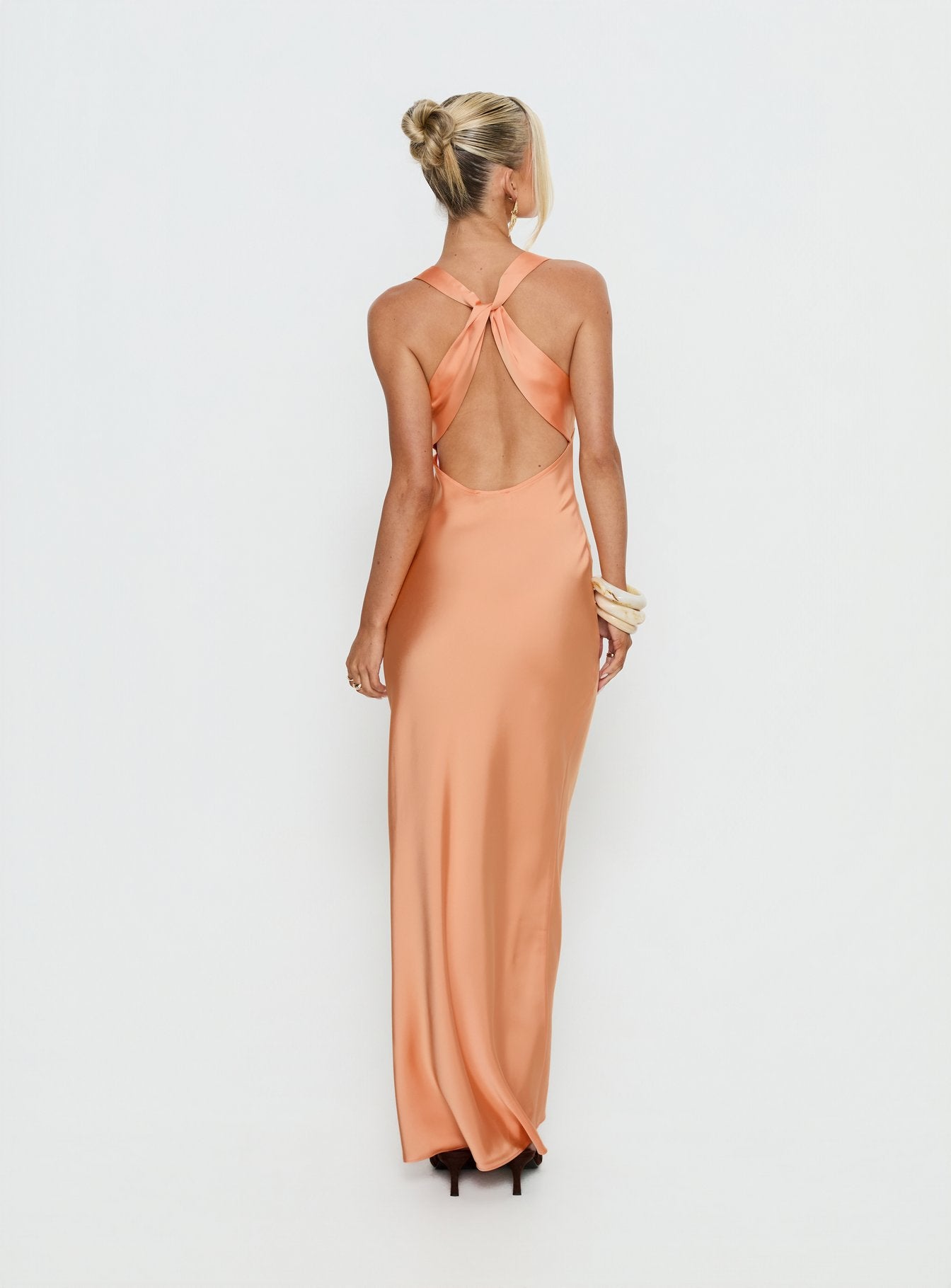 orange satin mini dress with a cowl neckline and backless Ocean Goddess Metal Circular Chain Halter Backless Vacation A-line Maxi Dress main image 1
