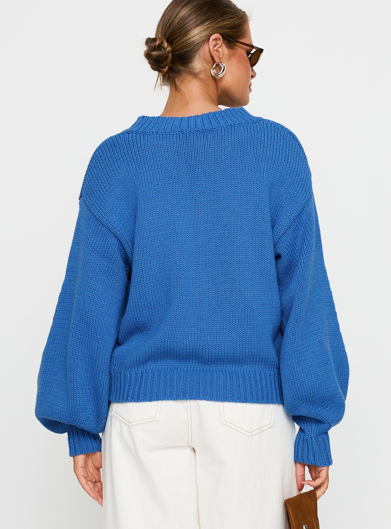 Harmony Balloon Sleeve Knit Sweater Blue | Princess Polly