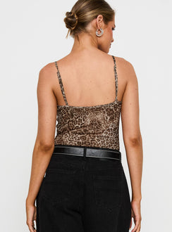 back view of model wearing Princess Polly Elixia Bodysuit Leopard Sleeveless 