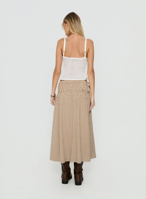 Vence Ruched Maxi Skirt Brown Gingham